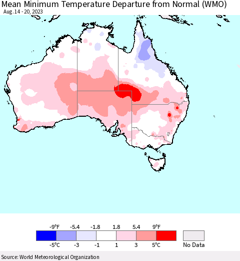 Australia Mean Minimum Temperature Departure from Normal (WMO) Thematic Map For 8/14/2023 - 8/20/2023