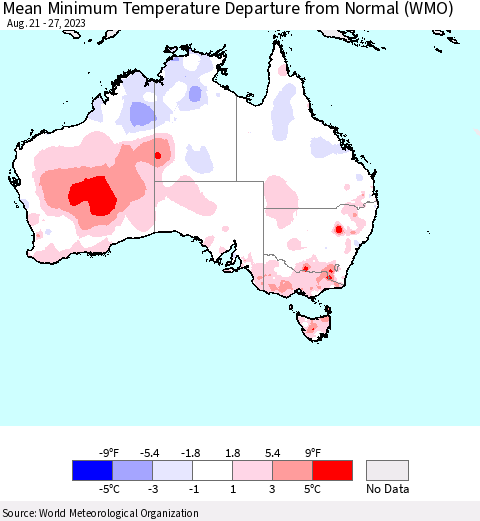 Australia Mean Minimum Temperature Departure from Normal (WMO) Thematic Map For 8/21/2023 - 8/27/2023