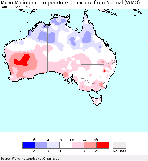 Australia Mean Minimum Temperature Departure from Normal (WMO) Thematic Map For 8/28/2023 - 9/3/2023
