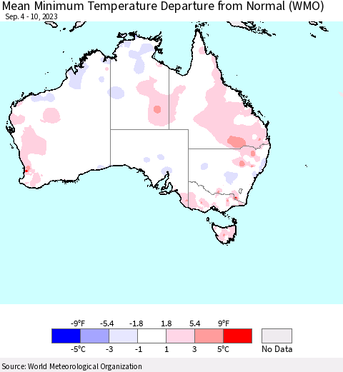 Australia Mean Minimum Temperature Departure from Normal (WMO) Thematic Map For 9/4/2023 - 9/10/2023