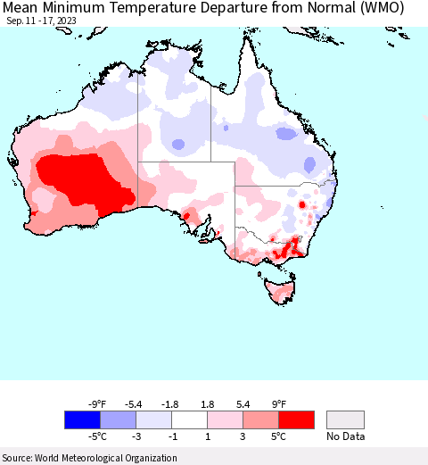 Australia Mean Minimum Temperature Departure from Normal (WMO) Thematic Map For 9/11/2023 - 9/17/2023