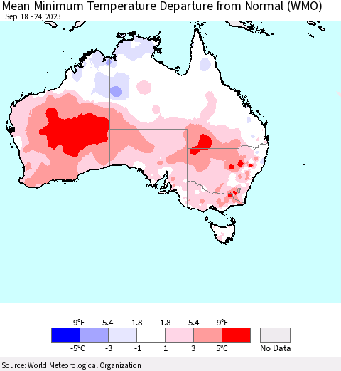 Australia Mean Minimum Temperature Departure from Normal (WMO) Thematic Map For 9/18/2023 - 9/24/2023