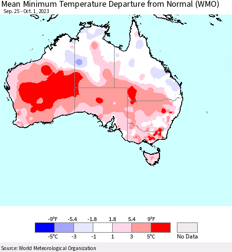 Australia Mean Minimum Temperature Departure from Normal (WMO) Thematic Map For 9/25/2023 - 10/1/2023