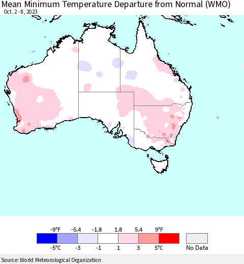 Australia Mean Minimum Temperature Departure from Normal (WMO) Thematic Map For 10/2/2023 - 10/8/2023
