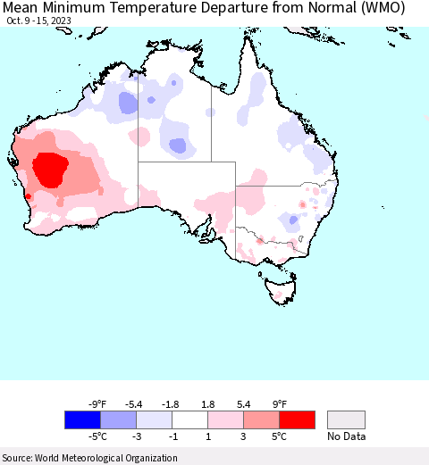 Australia Mean Minimum Temperature Departure from Normal (WMO) Thematic Map For 10/9/2023 - 10/15/2023