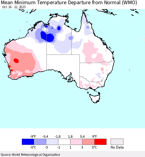 Australia Mean Minimum Temperature Departure from Normal (WMO) Thematic Map For 10/16/2023 - 10/22/2023