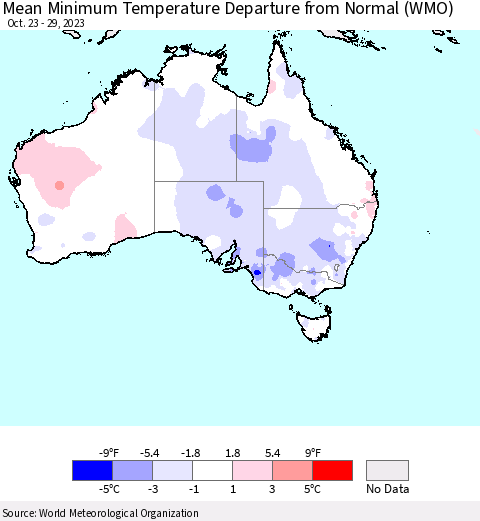 Australia Mean Minimum Temperature Departure from Normal (WMO) Thematic Map For 10/23/2023 - 10/29/2023