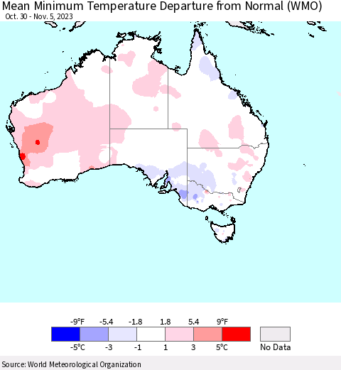 Australia Mean Minimum Temperature Departure from Normal (WMO) Thematic Map For 10/30/2023 - 11/5/2023