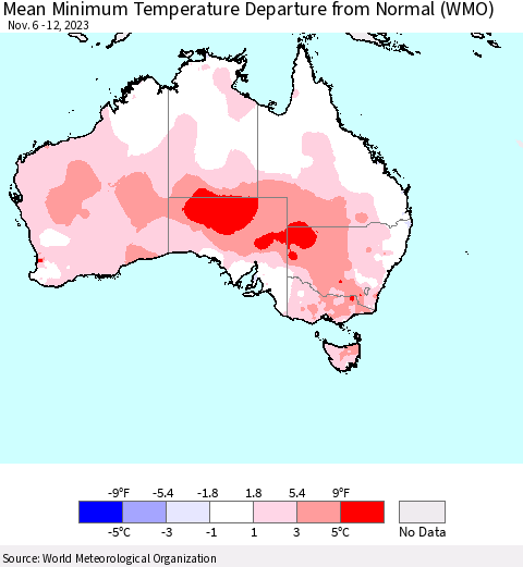Australia Mean Minimum Temperature Departure from Normal (WMO) Thematic Map For 11/6/2023 - 11/12/2023