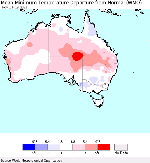 Australia Mean Minimum Temperature Departure from Normal (WMO) Thematic Map For 11/13/2023 - 11/19/2023