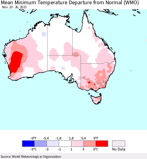 Australia Mean Minimum Temperature Departure from Normal (WMO) Thematic Map For 11/20/2023 - 11/26/2023