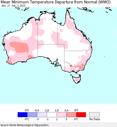 Australia Mean Minimum Temperature Departure from Normal (WMO) Thematic Map For 11/27/2023 - 12/3/2023