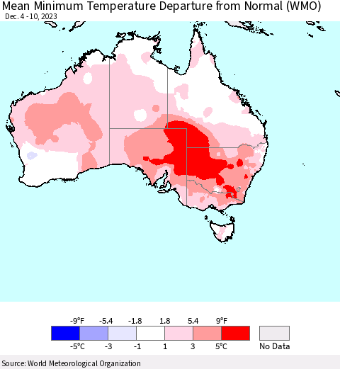 Australia Mean Minimum Temperature Departure from Normal (WMO) Thematic Map For 12/4/2023 - 12/10/2023