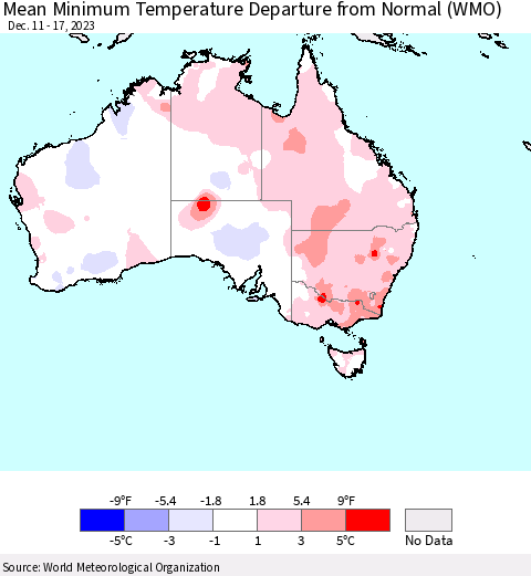 Australia Mean Minimum Temperature Departure from Normal (WMO) Thematic Map For 12/11/2023 - 12/17/2023
