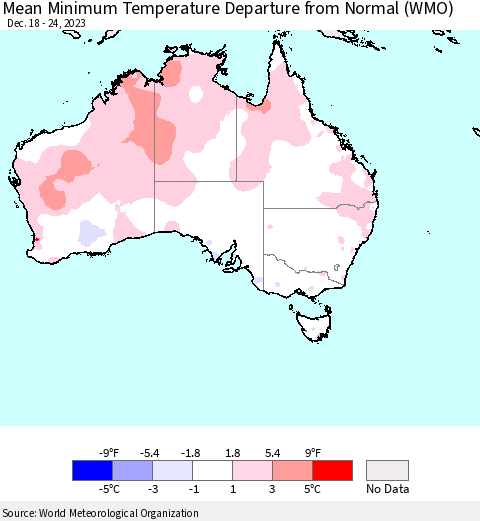 Australia Mean Minimum Temperature Departure from Normal (WMO) Thematic Map For 12/18/2023 - 12/24/2023