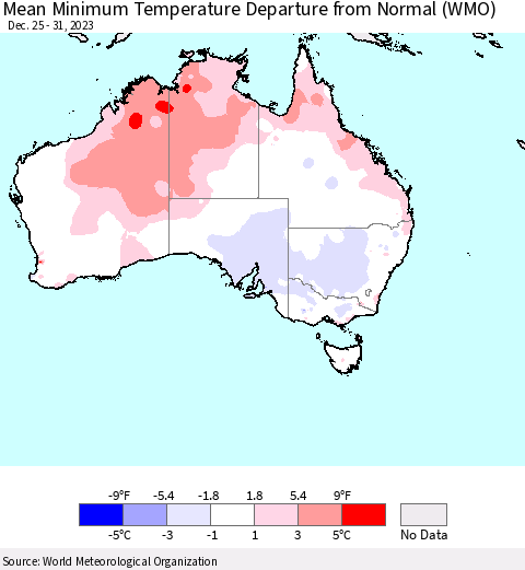 Australia Mean Minimum Temperature Departure from Normal (WMO) Thematic Map For 12/25/2023 - 12/31/2023