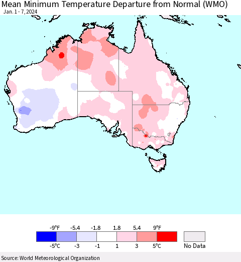 Australia Mean Minimum Temperature Departure from Normal (WMO) Thematic Map For 1/1/2024 - 1/7/2024