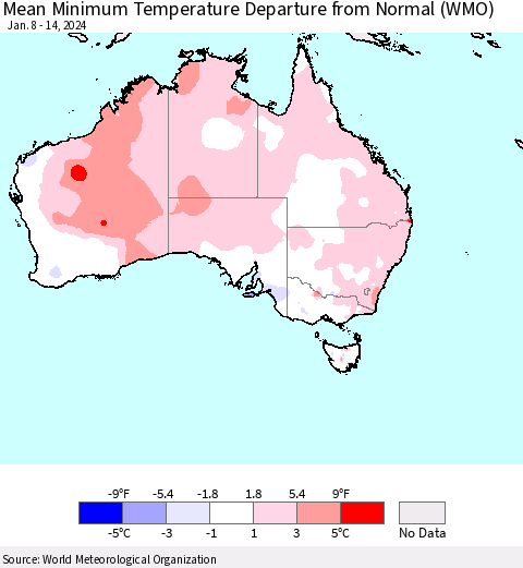 Australia Mean Minimum Temperature Departure from Normal (WMO) Thematic Map For 1/8/2024 - 1/14/2024