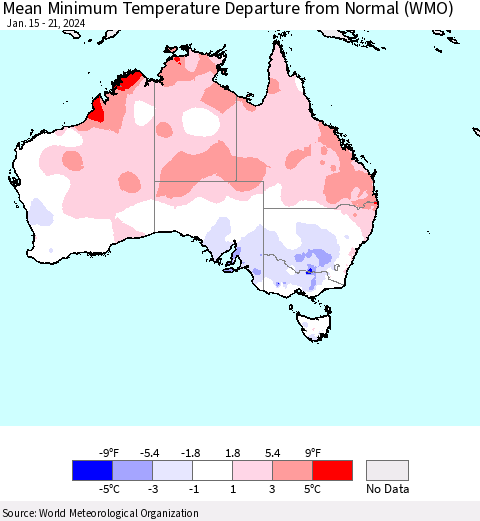 Australia Mean Minimum Temperature Departure from Normal (WMO) Thematic Map For 1/15/2024 - 1/21/2024