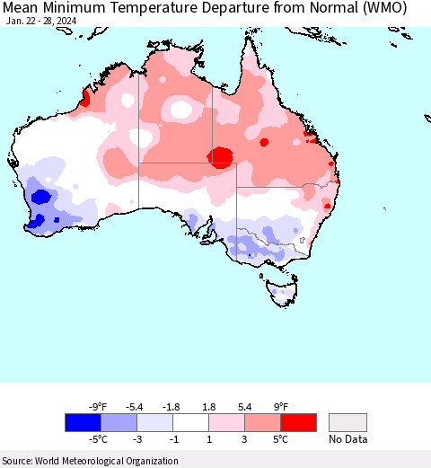 Australia Mean Minimum Temperature Departure from Normal (WMO) Thematic Map For 1/22/2024 - 1/28/2024