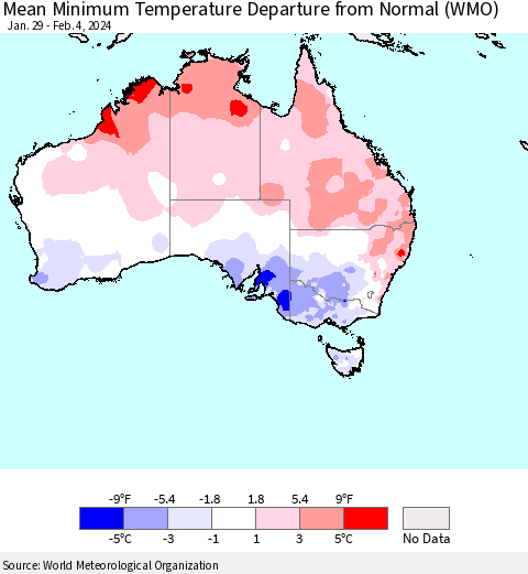 Australia Mean Minimum Temperature Departure from Normal (WMO) Thematic Map For 1/29/2024 - 2/4/2024