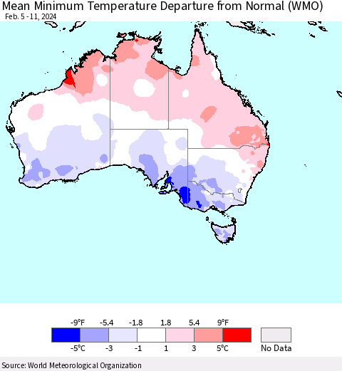 Australia Mean Minimum Temperature Departure from Normal (WMO) Thematic Map For 2/5/2024 - 2/11/2024