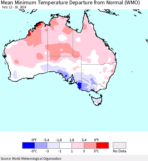 Australia Mean Minimum Temperature Departure from Normal (WMO) Thematic Map For 2/12/2024 - 2/18/2024
