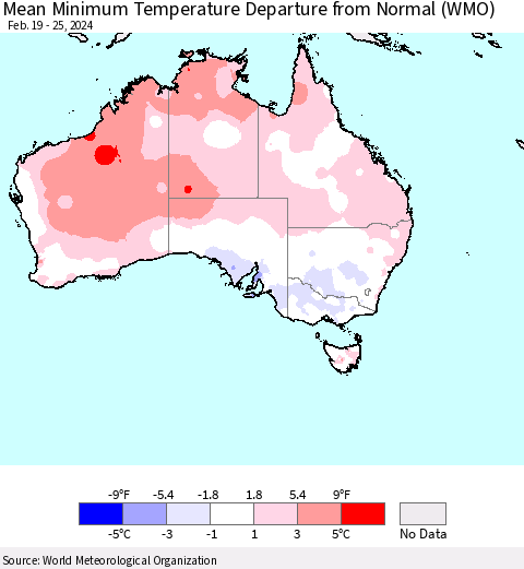Australia Mean Minimum Temperature Departure from Normal (WMO) Thematic Map For 2/19/2024 - 2/25/2024
