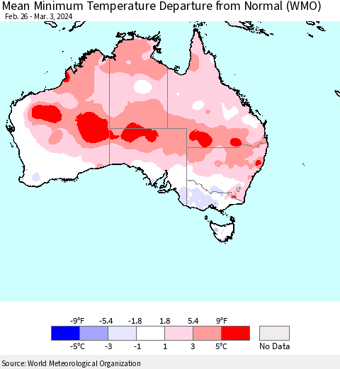 Australia Mean Minimum Temperature Departure from Normal (WMO) Thematic Map For 2/26/2024 - 3/3/2024