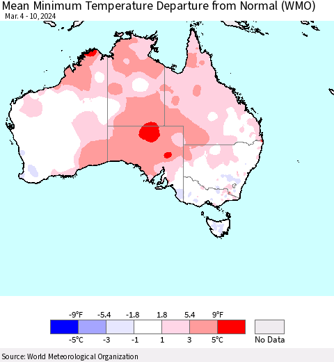 Australia Mean Minimum Temperature Departure from Normal (WMO) Thematic Map For 3/4/2024 - 3/10/2024