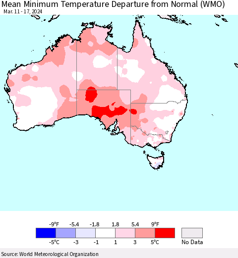 Australia Mean Minimum Temperature Departure from Normal (WMO) Thematic Map For 3/11/2024 - 3/17/2024