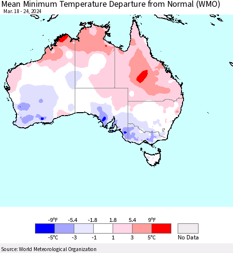 Australia Mean Minimum Temperature Departure from Normal (WMO) Thematic Map For 3/18/2024 - 3/24/2024