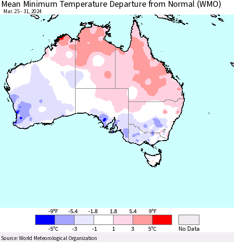 Australia Mean Minimum Temperature Departure from Normal (WMO) Thematic Map For 3/25/2024 - 3/31/2024