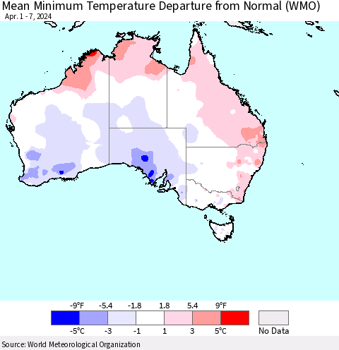 Australia Mean Minimum Temperature Departure from Normal (WMO) Thematic Map For 4/1/2024 - 4/7/2024