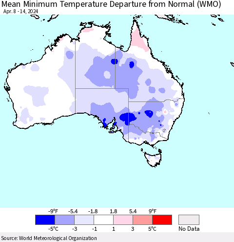 Australia Mean Minimum Temperature Departure from Normal (WMO) Thematic Map For 4/8/2024 - 4/14/2024