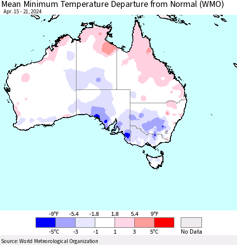 Australia Mean Minimum Temperature Departure from Normal (WMO) Thematic Map For 4/15/2024 - 4/21/2024