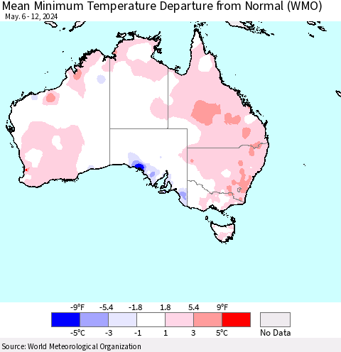 Australia Mean Minimum Temperature Departure from Normal (WMO) Thematic Map For 5/6/2024 - 5/12/2024