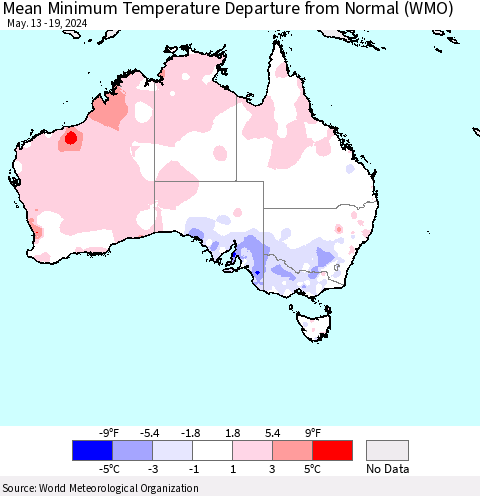 Australia Mean Minimum Temperature Departure from Normal (WMO) Thematic Map For 5/13/2024 - 5/19/2024