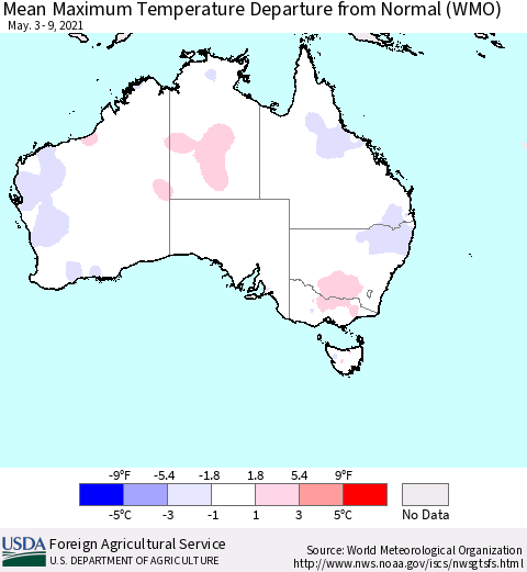Australia Mean Maximum Temperature Departure from Normal (WMO) Thematic Map For 5/3/2021 - 5/9/2021