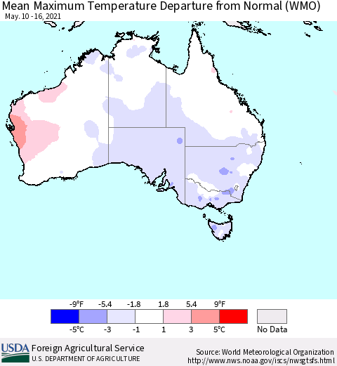 Australia Mean Maximum Temperature Departure from Normal (WMO) Thematic Map For 5/10/2021 - 5/16/2021