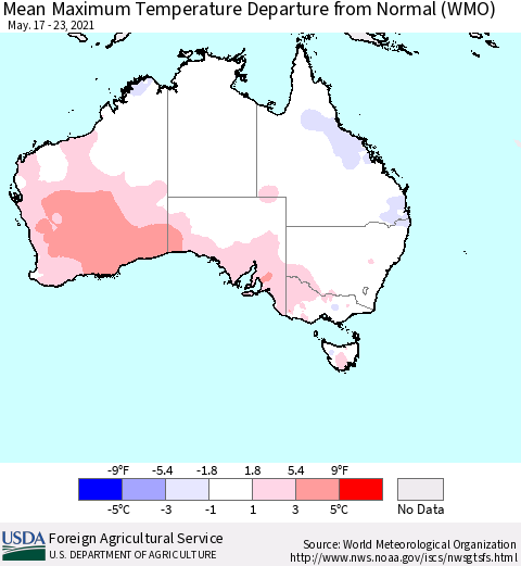 Australia Mean Maximum Temperature Departure from Normal (WMO) Thematic Map For 5/17/2021 - 5/23/2021