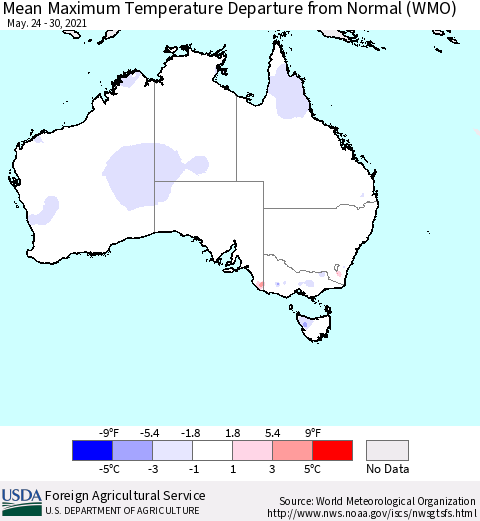 Australia Mean Maximum Temperature Departure from Normal (WMO) Thematic Map For 5/24/2021 - 5/30/2021