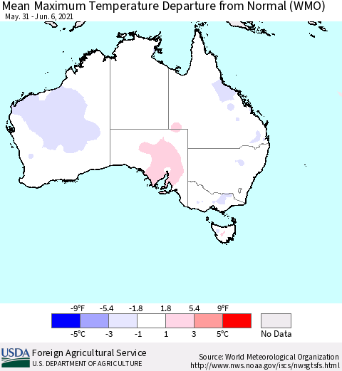 Australia Mean Maximum Temperature Departure from Normal (WMO) Thematic Map For 5/31/2021 - 6/6/2021