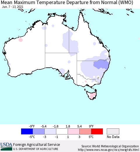 Australia Mean Maximum Temperature Departure from Normal (WMO) Thematic Map For 6/7/2021 - 6/13/2021