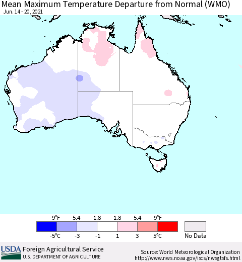 Australia Mean Maximum Temperature Departure from Normal (WMO) Thematic Map For 6/14/2021 - 6/20/2021