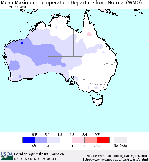 Australia Mean Maximum Temperature Departure from Normal (WMO) Thematic Map For 6/21/2021 - 6/27/2021