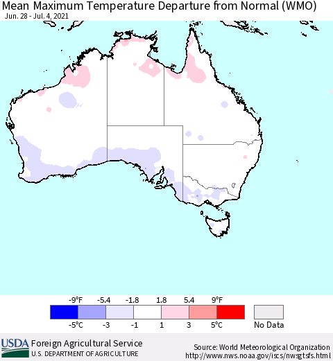 Australia Mean Maximum Temperature Departure from Normal (WMO) Thematic Map For 6/28/2021 - 7/4/2021