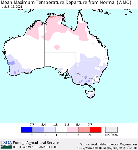 Australia Mean Maximum Temperature Departure from Normal (WMO) Thematic Map For 7/5/2021 - 7/11/2021