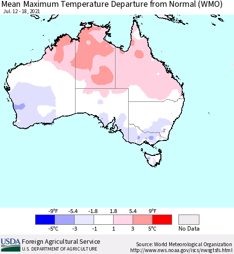 Australia Mean Maximum Temperature Departure from Normal (WMO) Thematic Map For 7/12/2021 - 7/18/2021