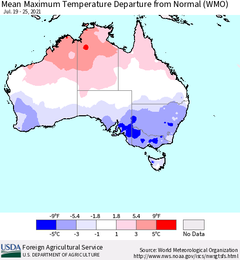 Australia Mean Maximum Temperature Departure from Normal (WMO) Thematic Map For 7/19/2021 - 7/25/2021
